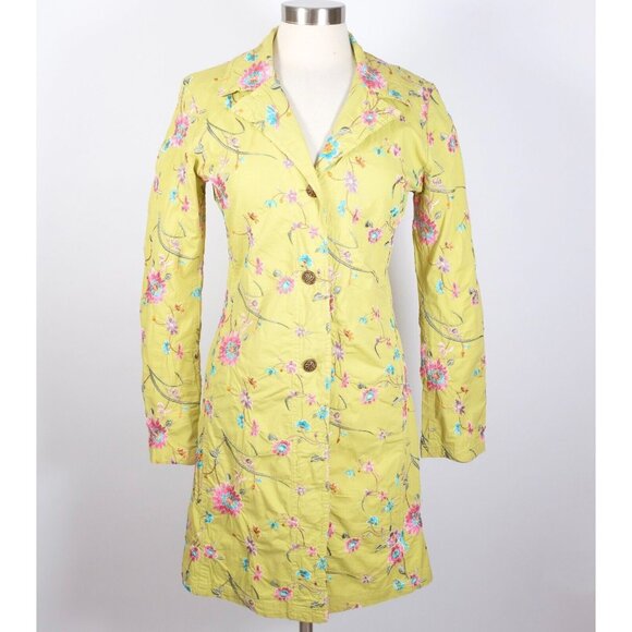 Johnny Was long coat jacket sz S lime green floral cotton embroidered